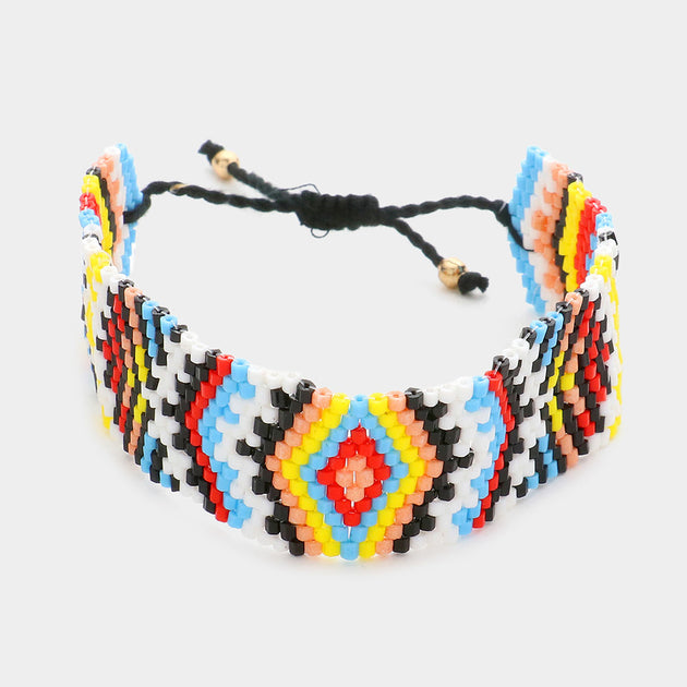 FASHNZFAB Boho gemusterte Perlen Zugband Cinch Armband Gold, Multi blau Einheitsgröße 3