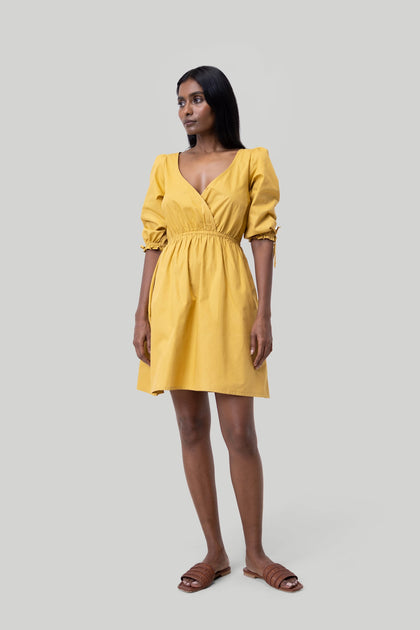 Reistor Gathered Elbow Sleeve Dress Yellow Large 2