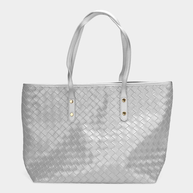 FASHNZFAB Faux Leather Weave Tote Bag Gold One Size 2