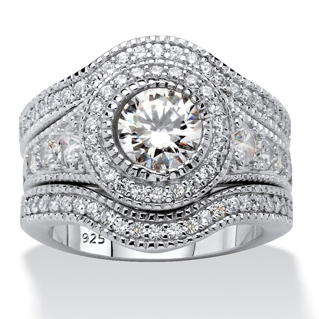 Palm 2.73 TCW Round CZ Silver 3-Piece Bridal Set White US 7 2