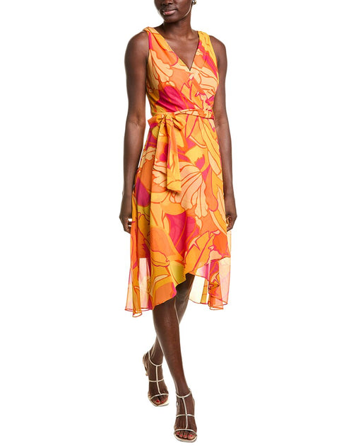 sachin and babi light blue dress Joseph Ribkoff- Chiffon Print Wrap Dress With Ruffle Detail main image 0
