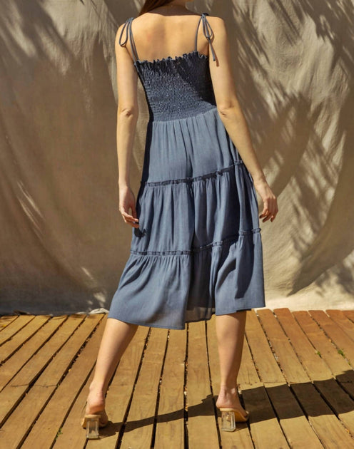 GILLI Smocking Tiered Dress In Denim Blue
