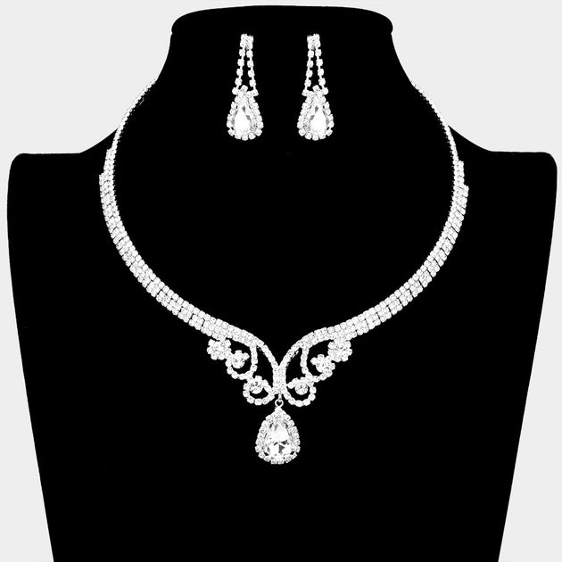 FASHNZFAB Teardrop Rhinestone Necklace Set Black 5