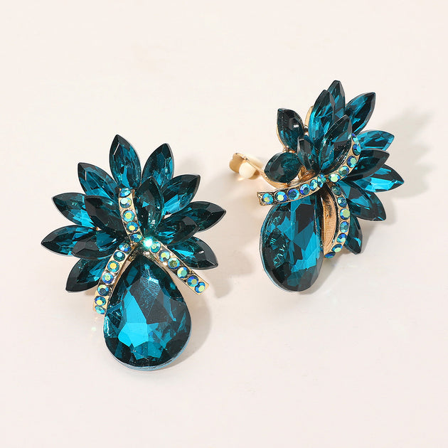 FASHNZFAB Teardrop Stone Accented Clip-on Evening Earrings Blue 5