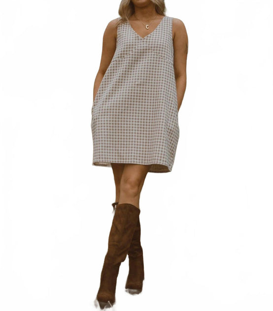 WISHLIST Maple Grove Gingham Mini Dress Beige Large 4