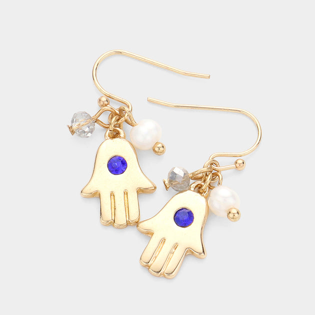 FASHNZFAB Hamsa Hand Drop Earrings Gold Sapphire Blue 3