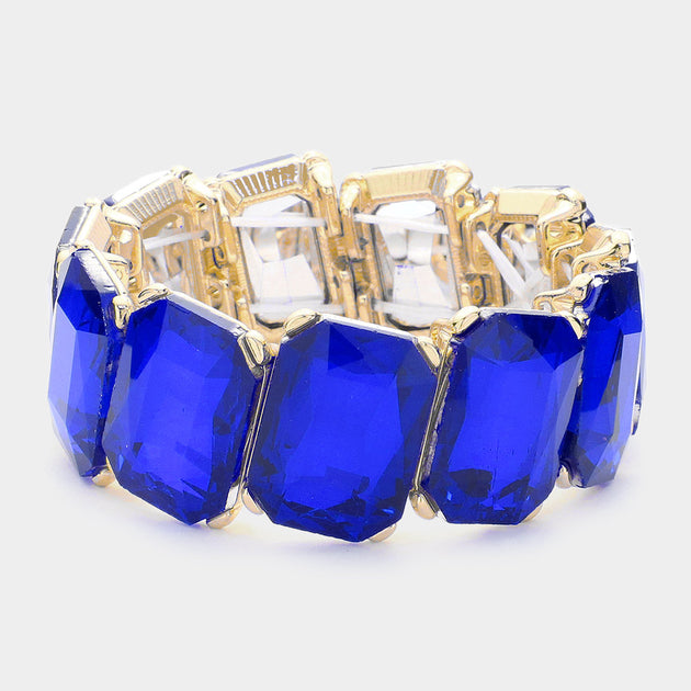 FASHNZFAB Rectangle Crystal Stone Cluster Stretch Bracelet Gold Sapphire Blue One Size 2