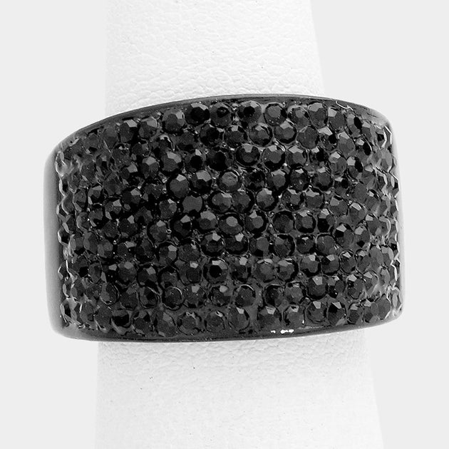 FASHNZFAB Crystal Rhinestone Stretch Ring Black One Size 2