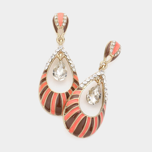 FASHNZFAB Teardrop Glass Stone Enamel Dangle Earrings Brown Gold 2