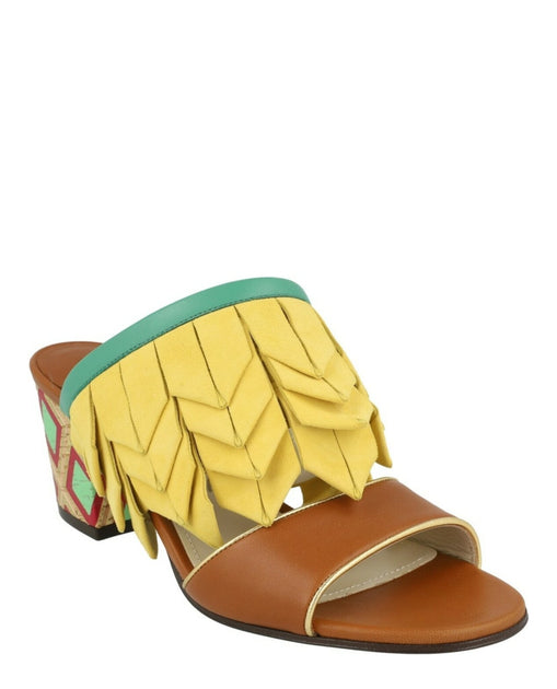Ferragamo Axis Leather Feather Trim Mules Brown US 7 3