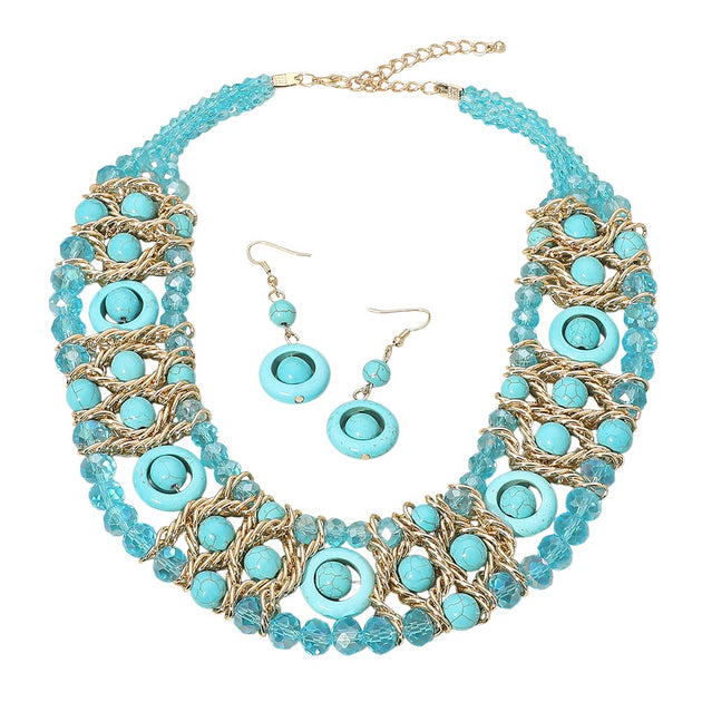 FASHNZFAB Multi Strand Beaded Statement Necklace Blue 3