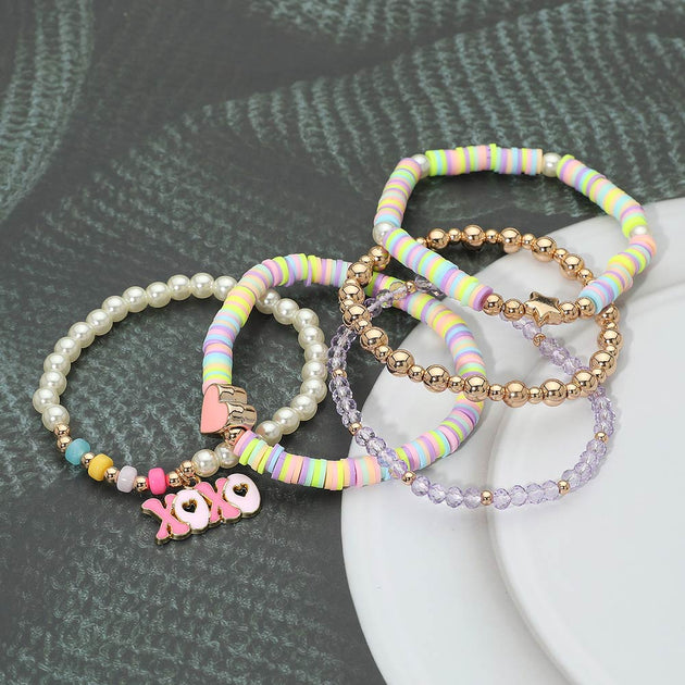 FASHNZFAB XOXO Charm Heart Pearl Beaded Stretch Bracelet Set Purple One Size 4