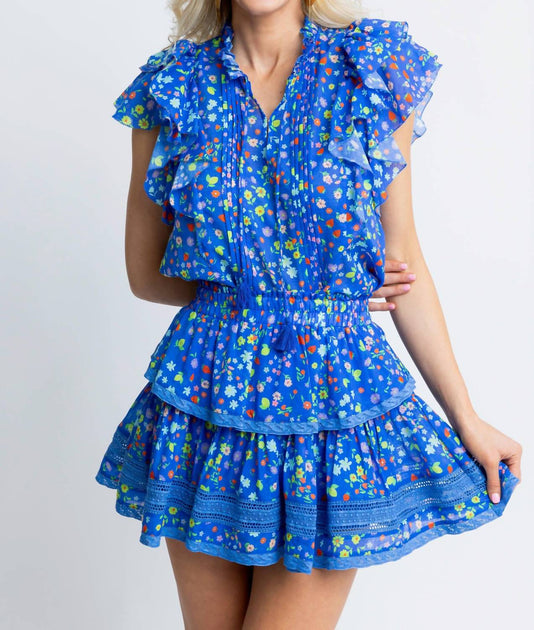 Karlie Summer Fruit Floral V-Neck Dress Blue Large 2