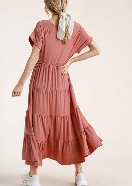 Umgee Tiered V-Neck Maxi Dress Pink Large 3