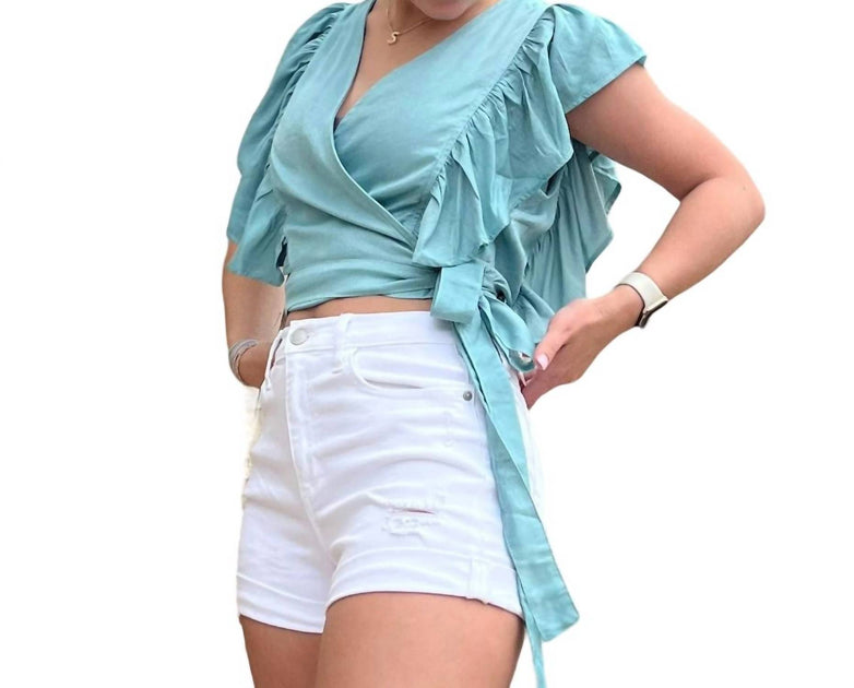 GLAM Wink Tie Side Ruffle Trim Crop Top Blue Small 4