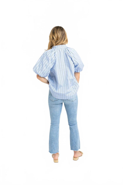 Karlie Striped Poplin Bubble Sleeve Top Blue Large 4