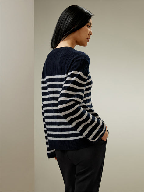 LILYSILK Drop-Shoulder Striped Cashmere Sweater Black Medium 3