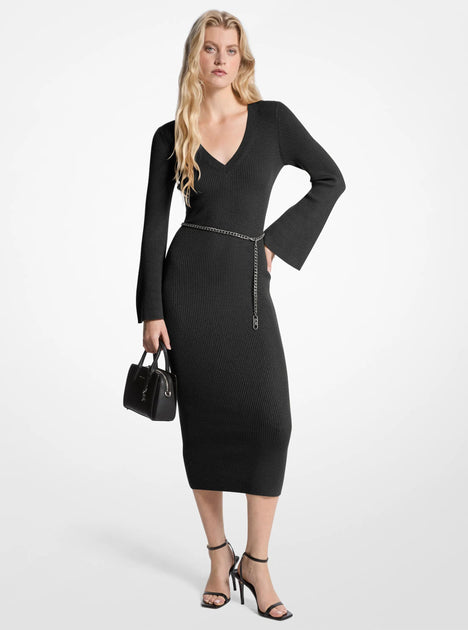 Michael Kors Wool Blend Belted Midi Dress Black Large 2