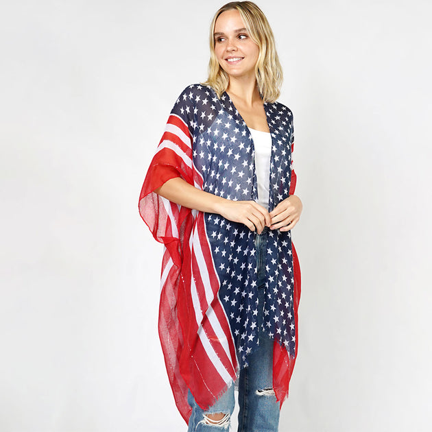 TRUEDAMES American Flag Print Kimono Poncho Multi One Size 4