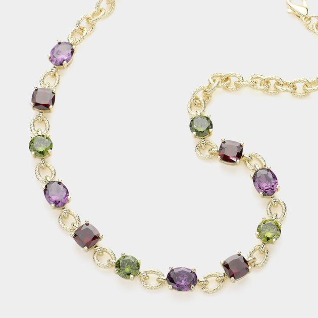 FASHNZFAB Round Square Stone Cushion Link Necklace Gold Multi Purple One Size 2
