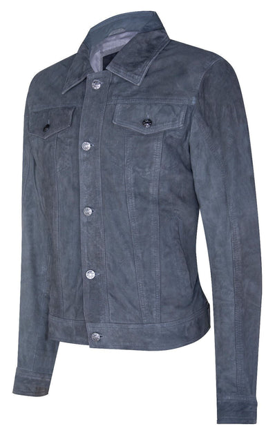 Infinity Suede Trucker Shirt Denim Leather Jacket Grey Small 3