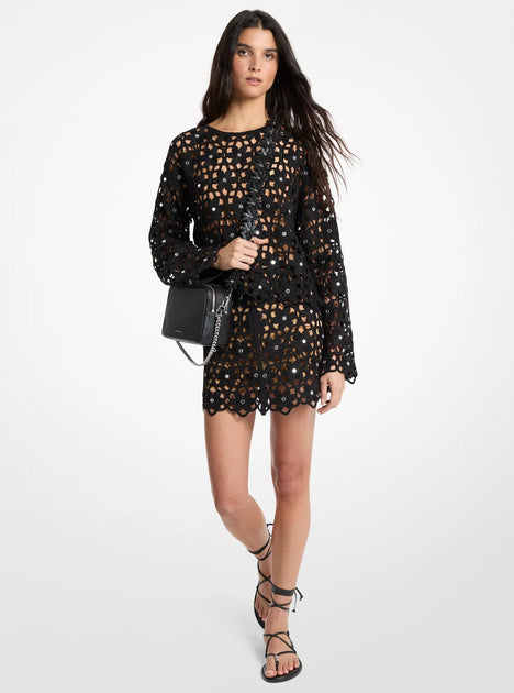 Michael Kors Jupe Crochet Florale Ornée de Miroirs Noir Small 4