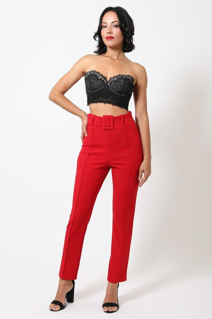 TRUEDAMES Ankle Tapered Buckle Belt Pants Red Small 4