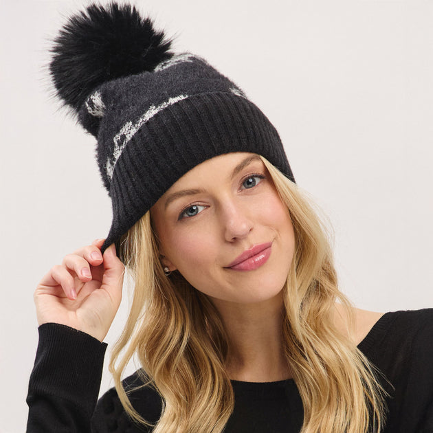 FASHNZFAB Faux Fur Pom Pom Beanie Black One Size 2