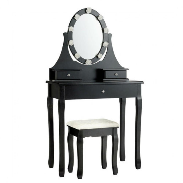Hivvago 3 Drawers Lighted Mirror Vanity Dressing Table Stool Set Black 2