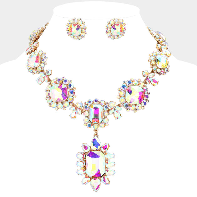 FASHNZFAB Multi Stone Link Evening Necklace And Earring Set Gold One Size 3