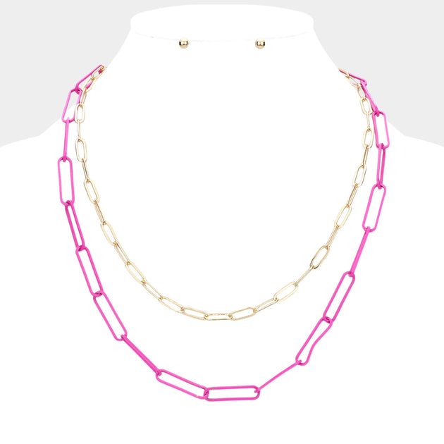 FASHNZFAB Oval Link Necklace Set Pink 3