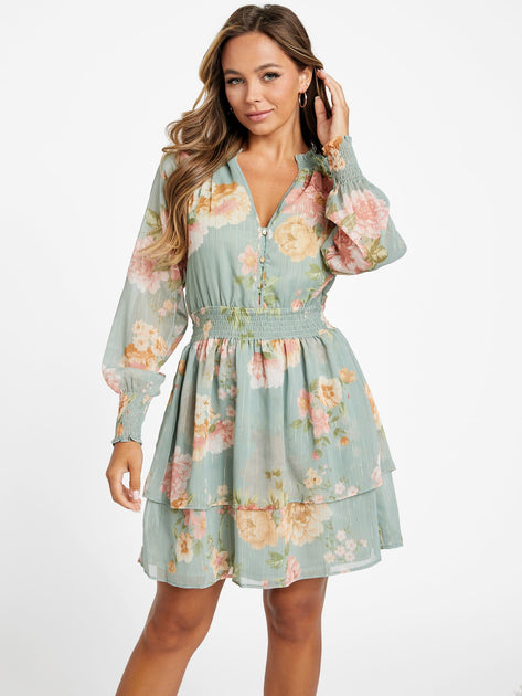 Factory Women's V-neck Floral Dress with Metallic Accents, Green Size L