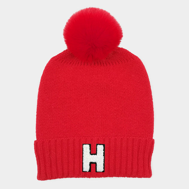 FASHNZFAB H Initial Monogram Faux Fur Pom Pom Knit Beanie Hat Red 5