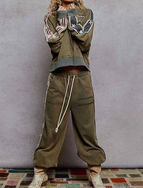 POL French Terry Star and Striped Jacket and Jogger Set Black Large 4