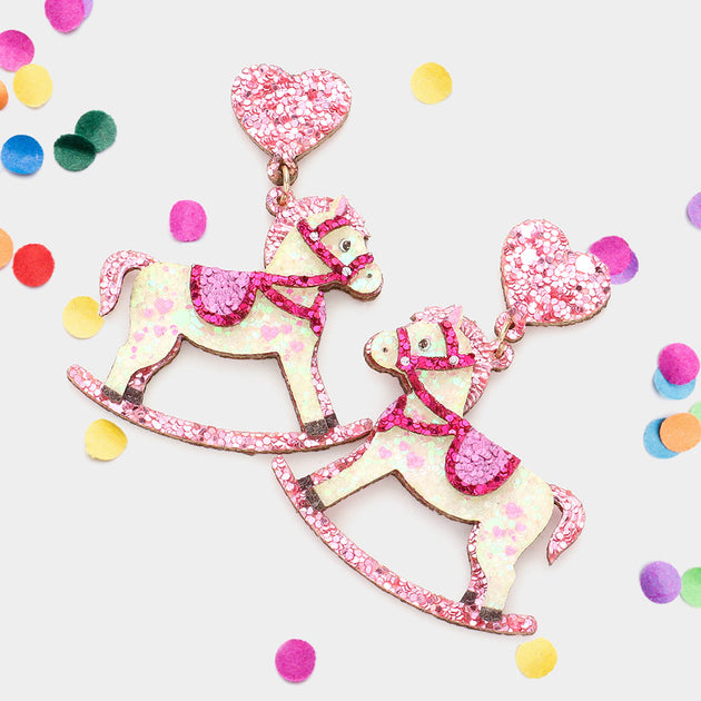 FASHNZFAB Glittered Heart Rocking Horse Link Dangle Earrings Pink 4