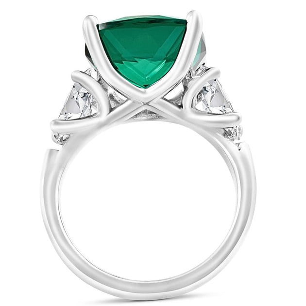 Pompeii3 7.55Ct Green Cushion Emerald Three Stone Ring 14k Gold US 8 3
