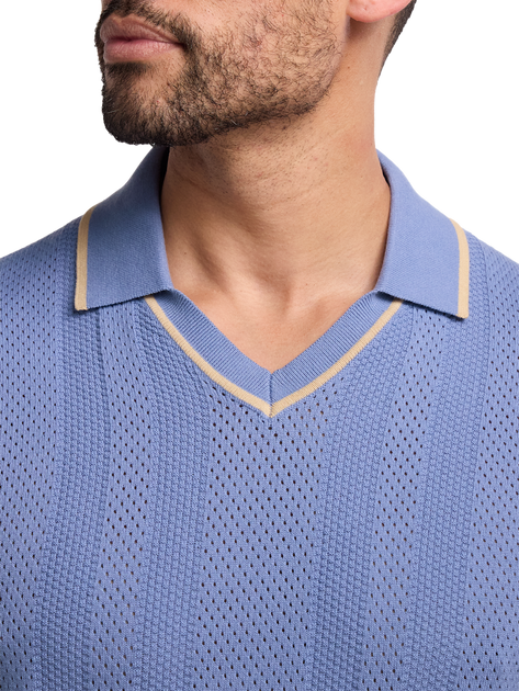 Paul Fredrick Cotton Crochet V-neck Polo Blue Small 4