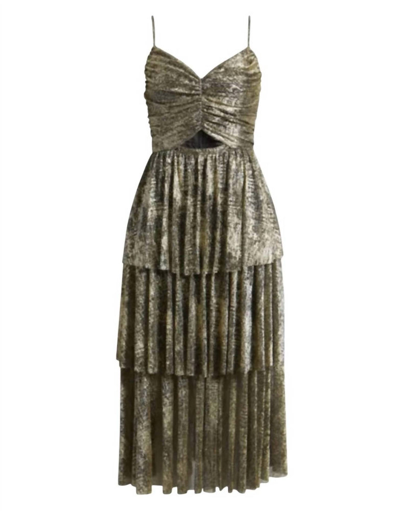 MOON RIVER Metallic Tiered Midi Dress In Black Gold