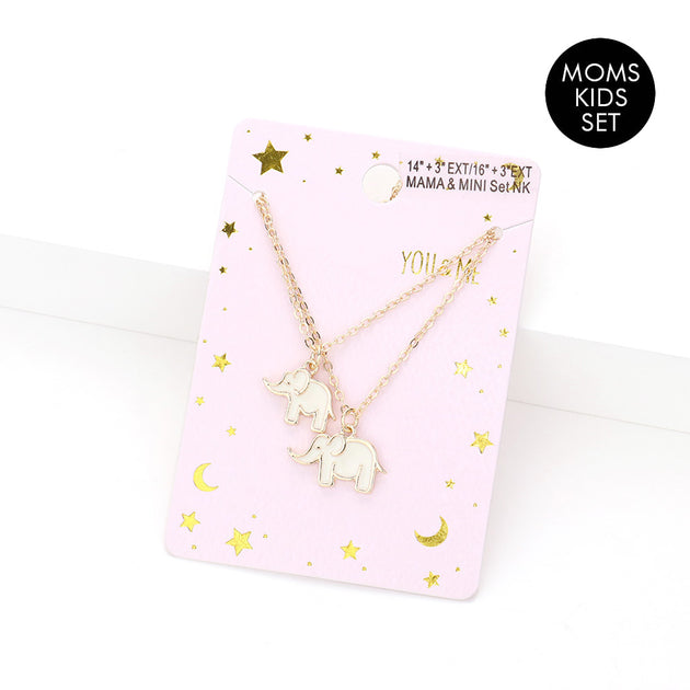 FASHNZFAB 2PCS Enamel Elephant Pendant Necklace Set White 4