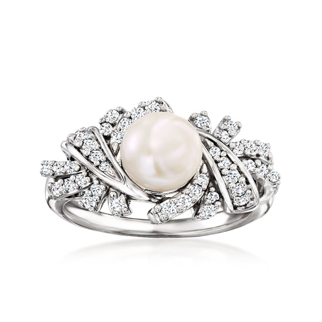 Ross-Simons Cultured Pearl Diamond Ring Silver US 8 2