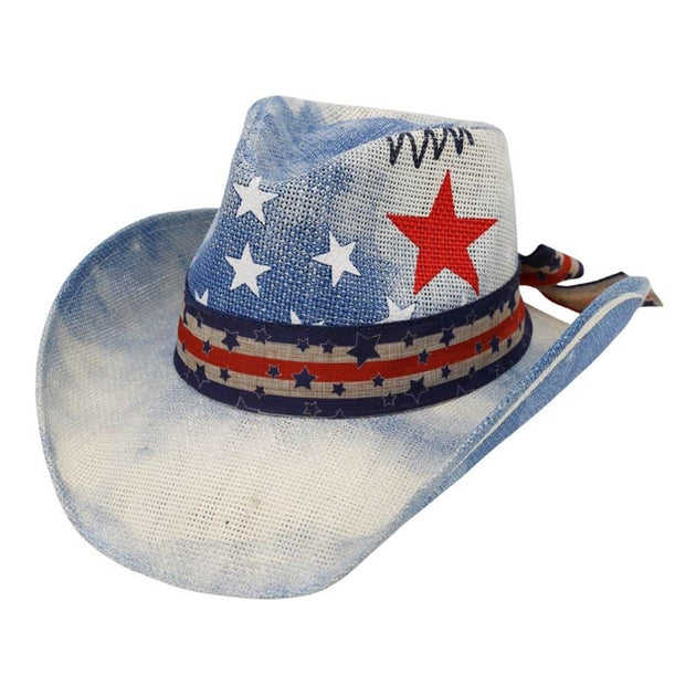 FASHNZFAB American USA Stars Stripes Print Western Straw Cowboy Hat Multi Female 4