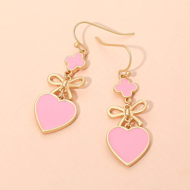 FASHNZFAB Quatrefoil Bow Heart Link Drop Earrings Pink 2