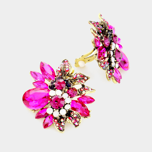 FASHNZFAB Floral Multi Stone Clip on Evening Earrings Pink 5
