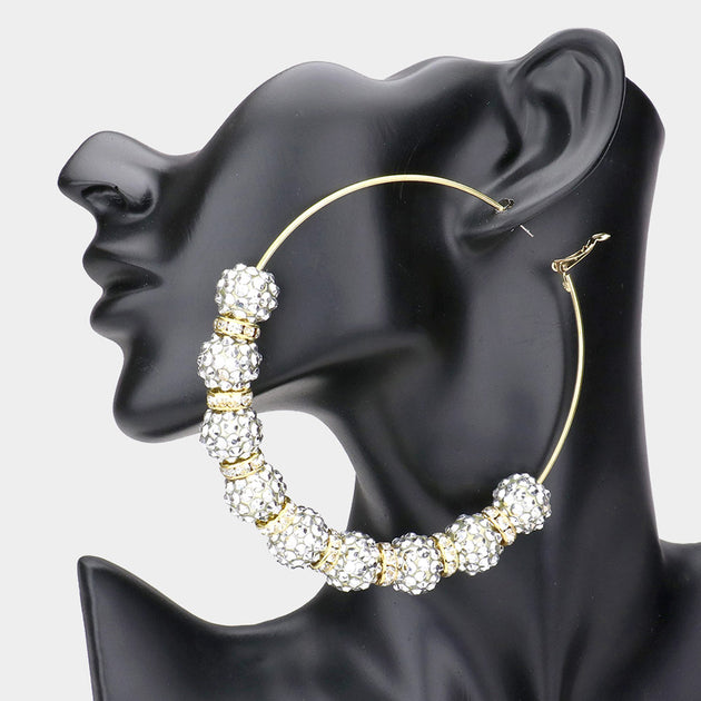 FASHNZFAB Shamballa Ball Hoop Earrings Two Tone Black 2