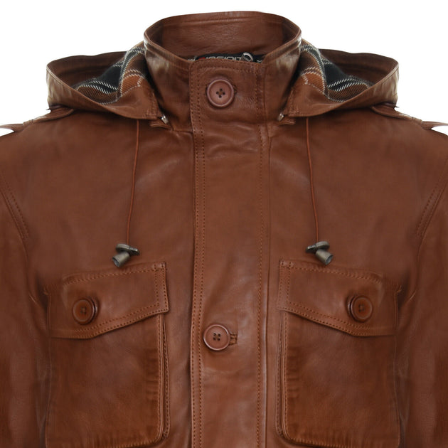 Infinity Herren Leder Trenchcoat mit Kapuze Medellin Braun XL 3