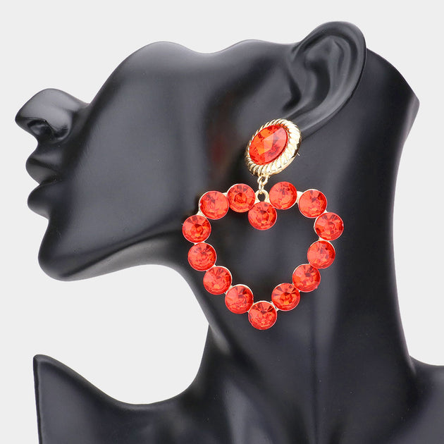 FASHNZFAB Bubble Stone Cluster Open Heart Dangle Earrings Red 2