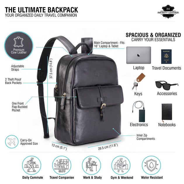 Infinity Cove Genuine Leather Laptop Backpack Black 3