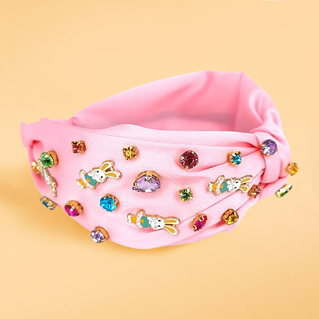 FASHNZFAB Colorful Stone Cluster Enamel Easter Bunny Knot Headband Pink 4