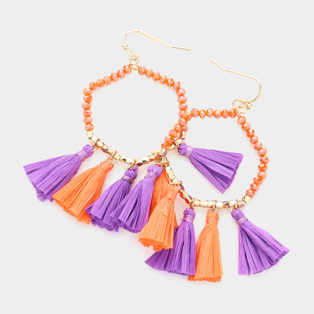 FASHNZFAB Game Day Beaded Open Hexagon Raffia Tassel Link Dangle Earrings Red 4