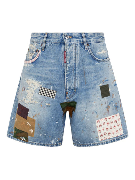 Dsquared2 Patchwork Paint-Splatter Denim Shorts Blue EU 48 2